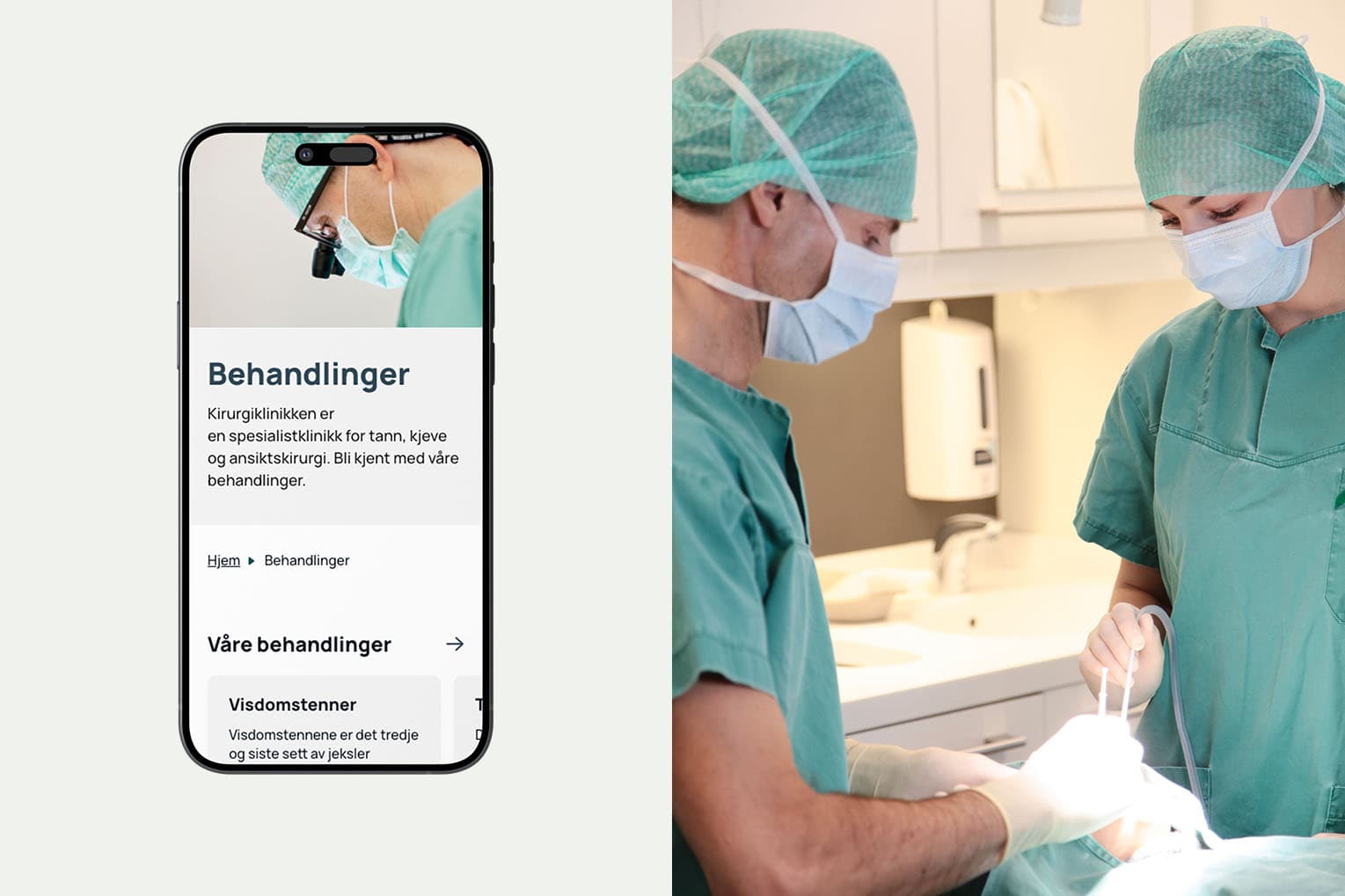 venstre del viser mobilskjerm med innhold fra kundens nettside, høyre del er ansatte i arbeide på klinikken