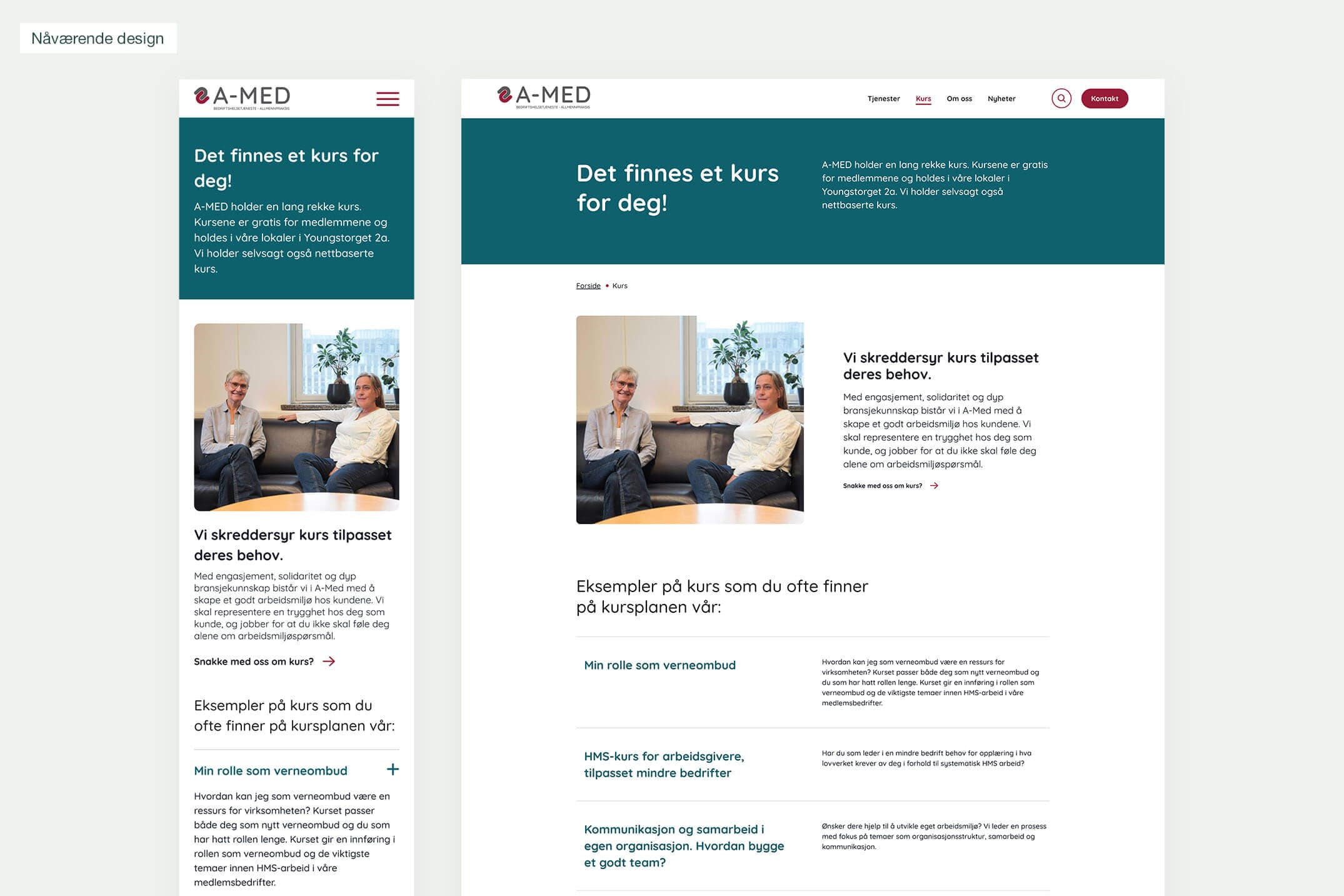 skjermbilde av den nye nettsiden, spesifikt en side som presenterer kurs A-med holder